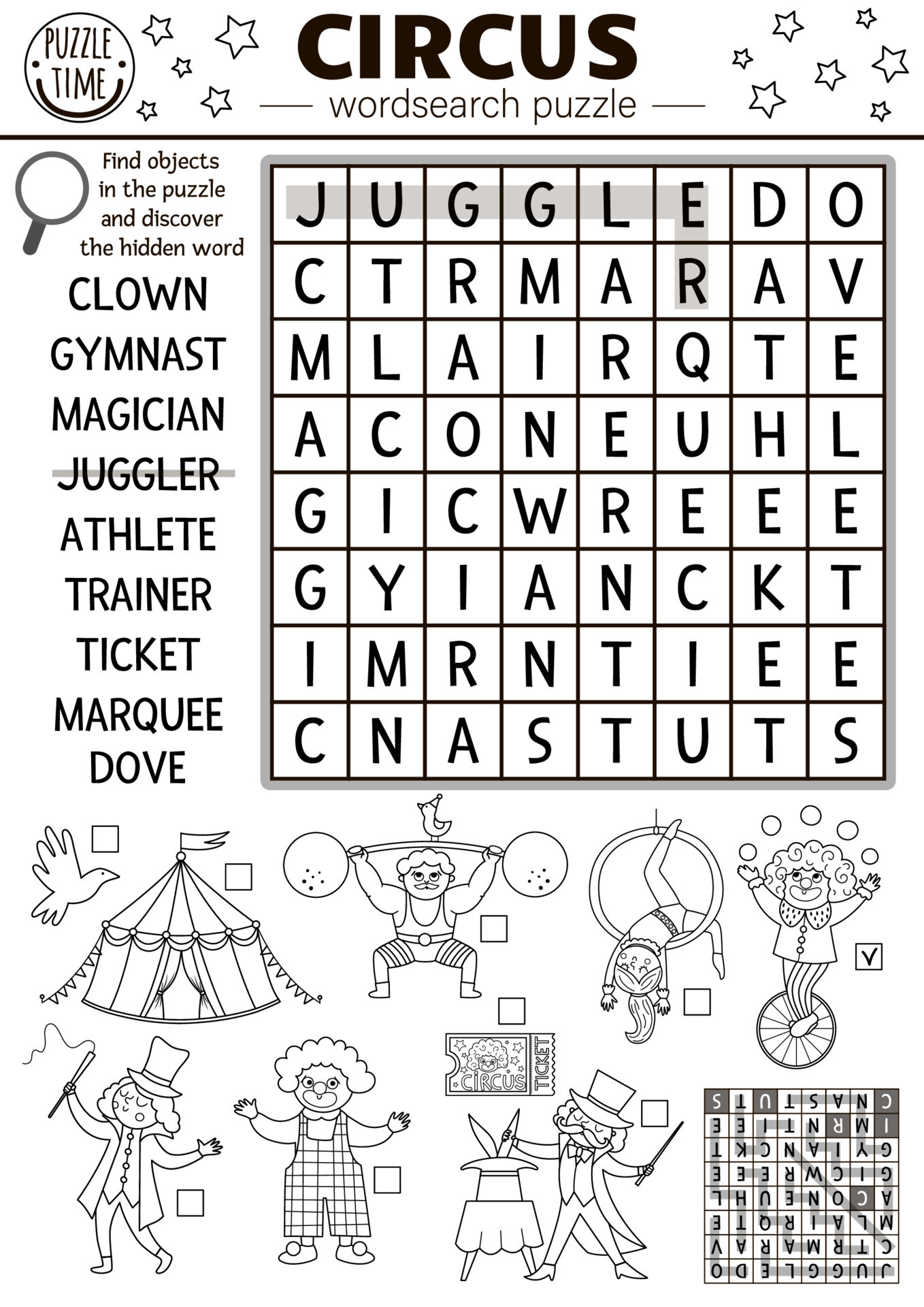Vector circus wordsearch puzzle for kids. Simple black and white