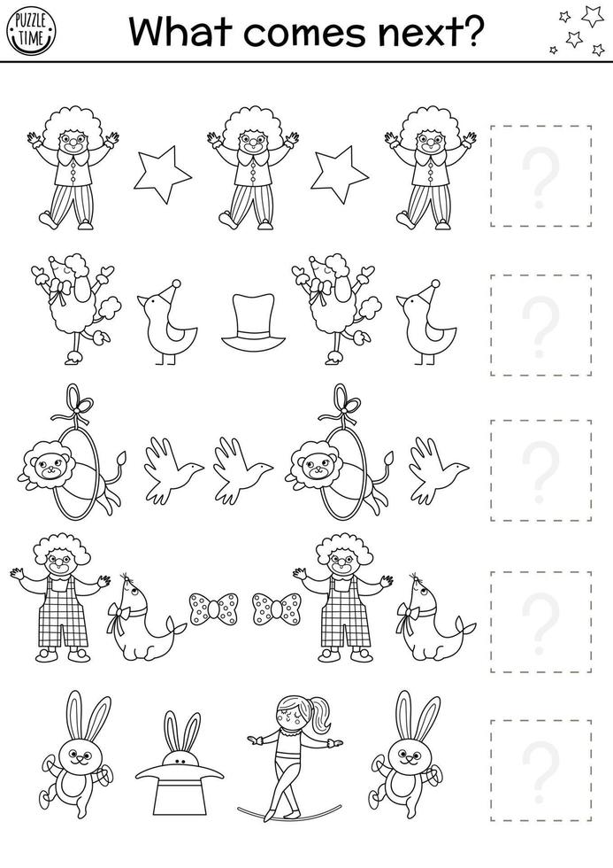 What comes next. Circus black and white matching activity for preschool children with traditional amusement show symbols. Funny line festival coloring page. Continue the row game vector