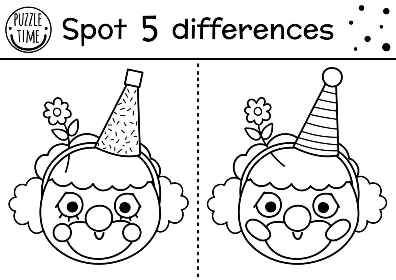 Circus black and white find differences game for children. Educational line activity with cute clown face. Amusement show puzzle for kids with funny artist. Entertainment festival coloring page vector