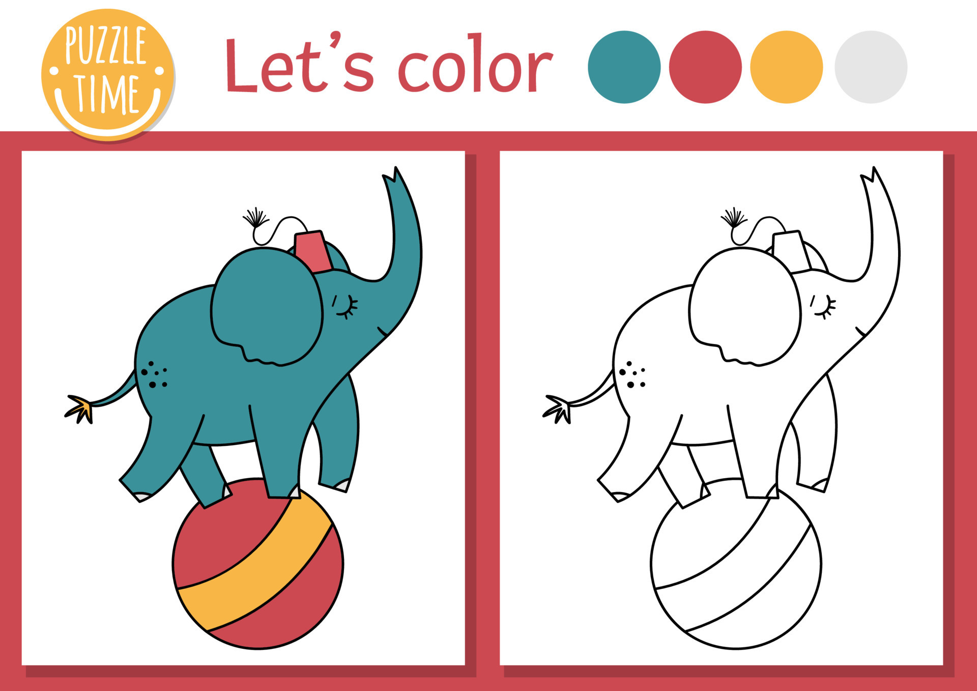 Circus coloring page for children with elephant on a ball. Vector amusement  show outline illustration with cute animal. Color book for kids with  colored example. Drawing skills printable worksheet 17150228 Vector Art