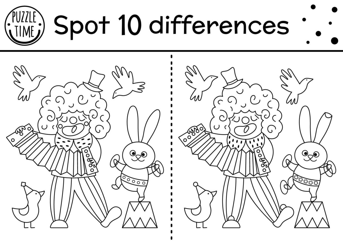 circo blanco y negro encuentra diferencias juego para niños. actividad educativa con payaso tocando armónica. Rompecabezas de línea de espectáculo de diversión con artista divertido. fiesta para colorear para imprimir vector