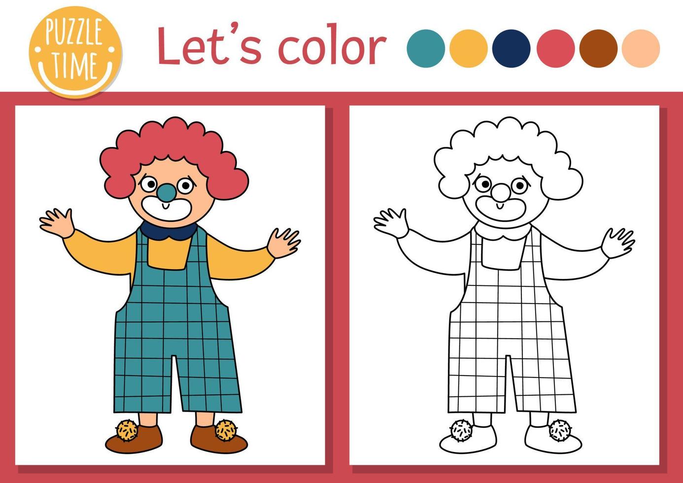 página de color de circo para niños con payaso. ilustración de esquema de espectáculo de entretenimiento vectorial con un lindo artista de escenario. libro de colores para niños con ejemplos de colores. hoja de trabajo imprimible de habilidades de dibujo vector