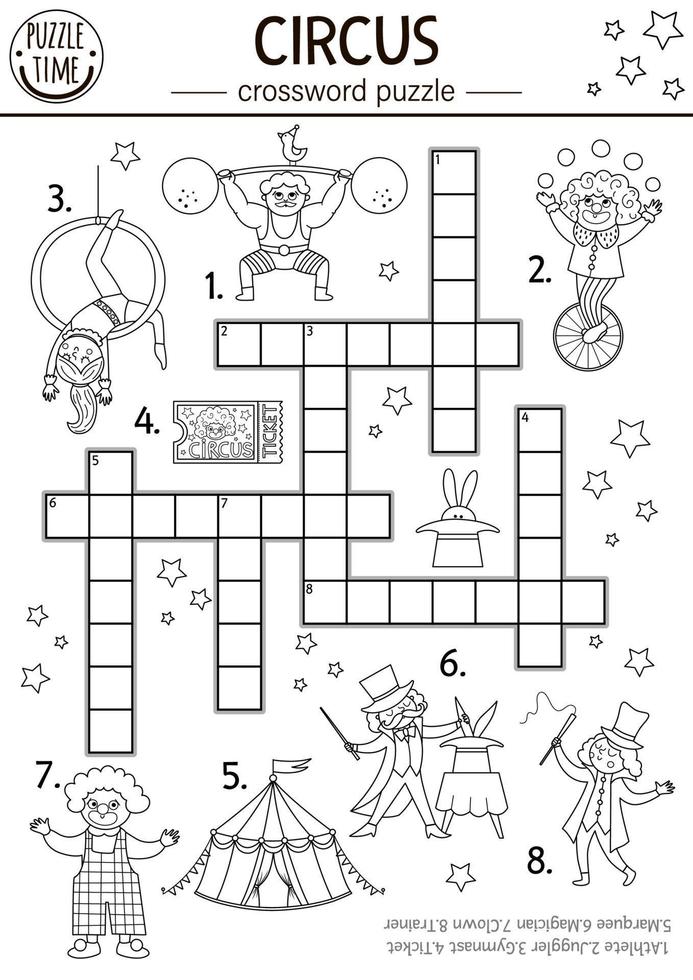 crucigrama de circo vectorial para niños. prueba simple de espectáculo de diversión en blanco y negro con artistas divertidos para niños. actividad de línea educativa con payaso. página para colorear de palabras cruzadas vector