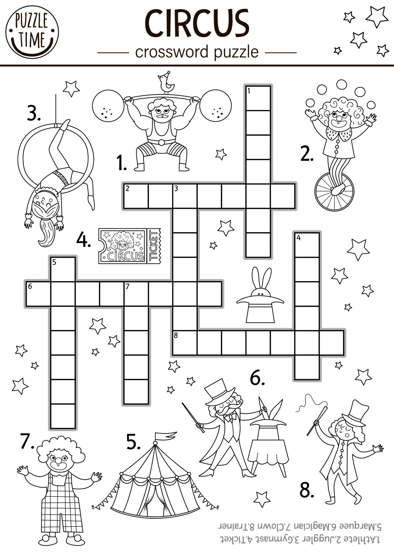 Vector circus crossword puzzle for kids. Simple black and ...