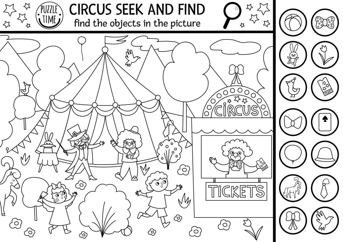 circo vectorial buscando juego en blanco y negro con marquesina de espectáculo de diversión, payaso. detectar objetos ocultos en la imagen. línea simple buscar y encontrar actividad imprimible o página para colorear vector