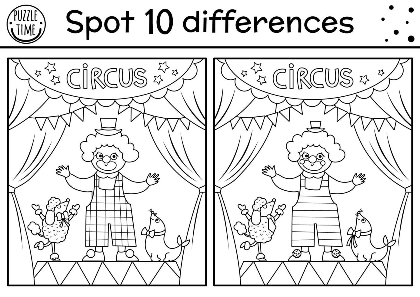 Circus black and white find differences game. Educational activity with cute clown, animals on stage. Amusement show line puzzle for kids with funny artist. Festival printable coloring page vector