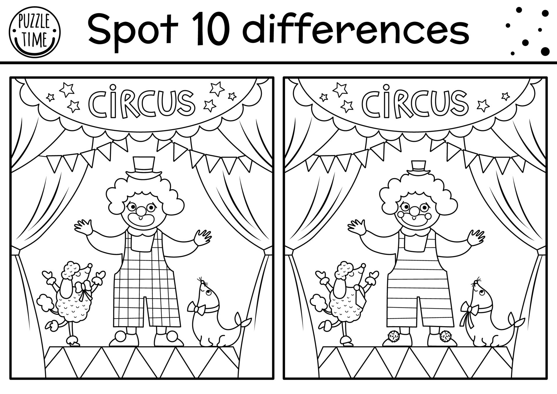 circo vectorial buscando juego en blanco y negro con marquesina de  espectáculo de diversión, payaso. detectar