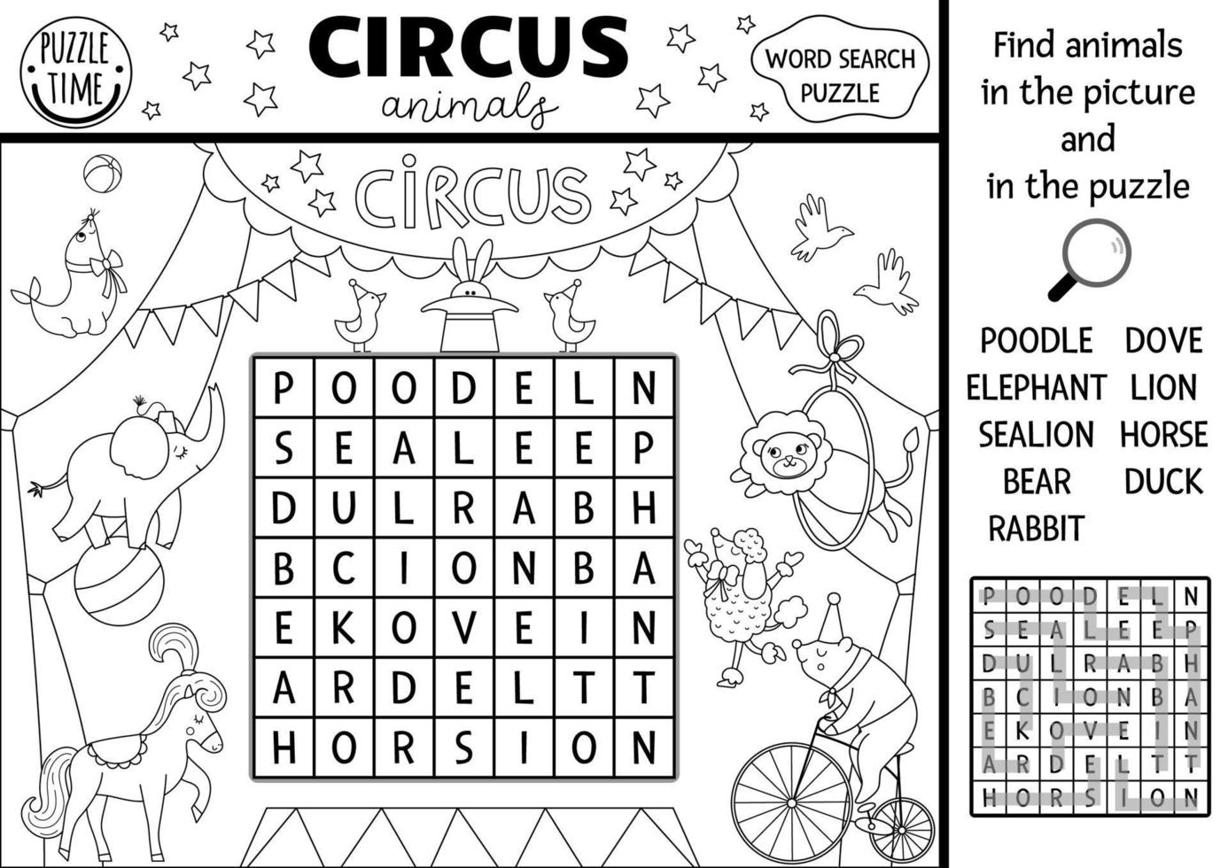 Vector circus wordsearch puzzle for kids Simple black and white