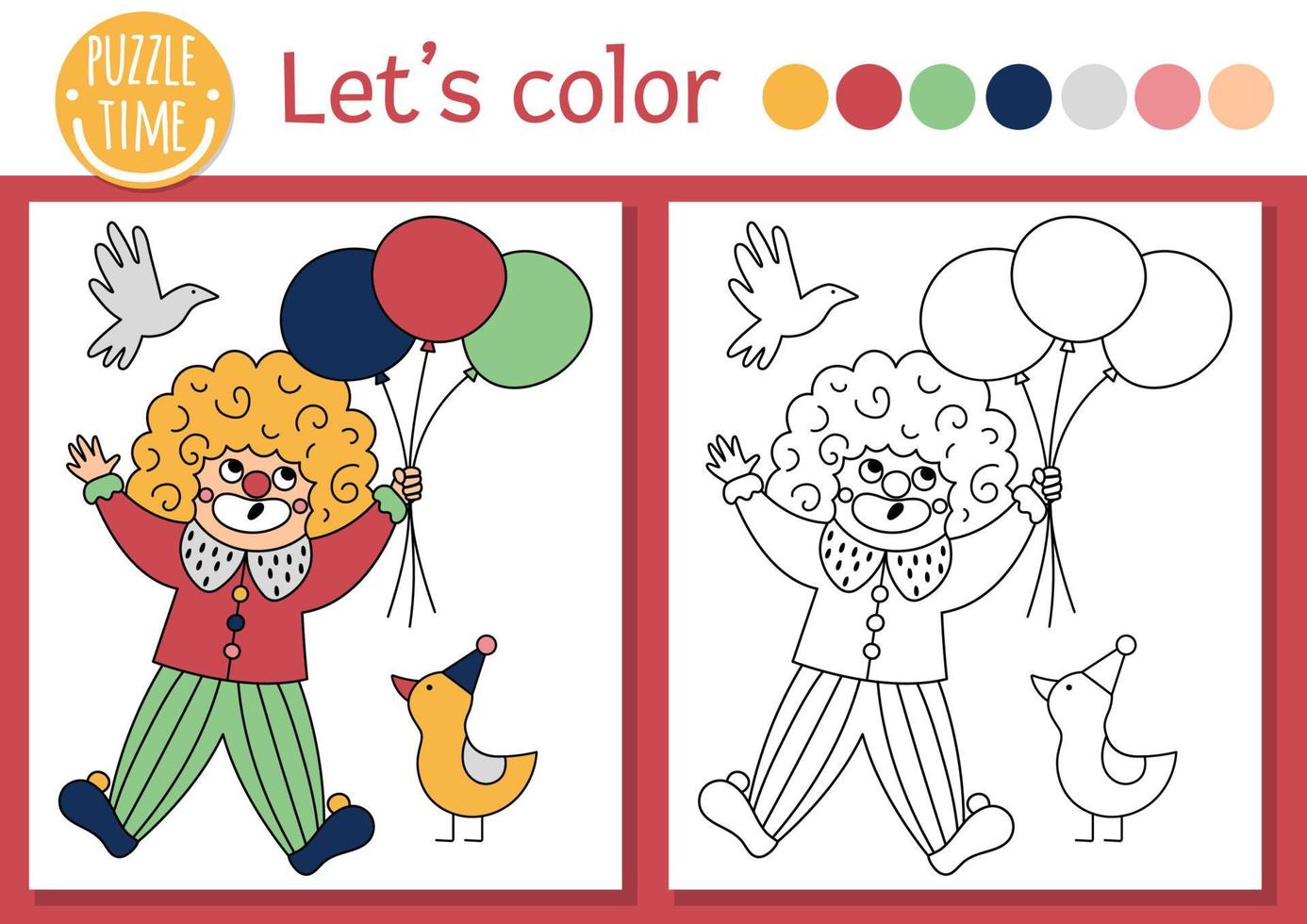 Circus coloring page for children with clown flying with balloons. Vector amusement show outline illustration with cute stage performer. Color book for kids with colored example