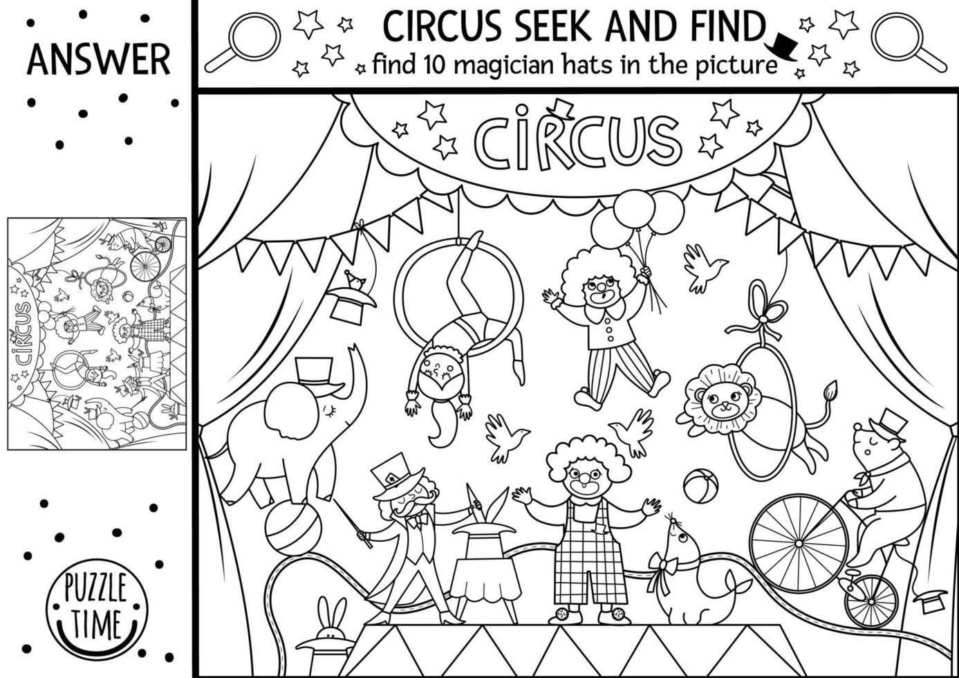 Vector circus black and white searching game with amusement show scene and artists. Spot hidden magician hats in the picture. Simple line seek and find printable activity or coloring page