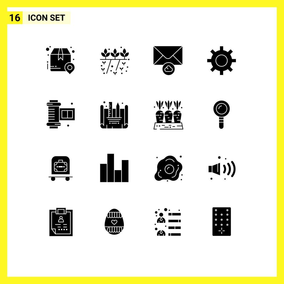 Group of 16 Modern Solid Glyphs Set for camera roll film ancient camera roll plant gear protection Editable Vector Design Elements