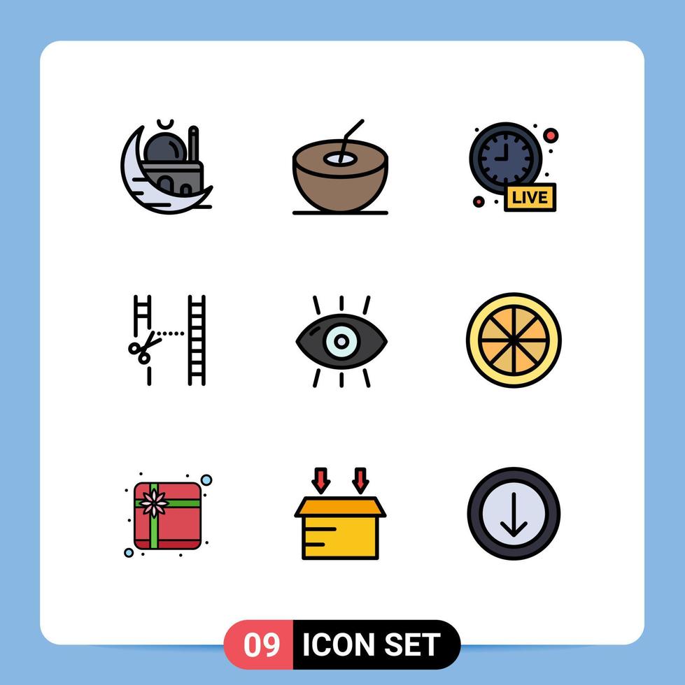 Pack of 9 Modern Filledline Flat Colors Signs and Symbols for Web Print Media such as fitness disease clock editing cinematography Editable Vector Design Elements