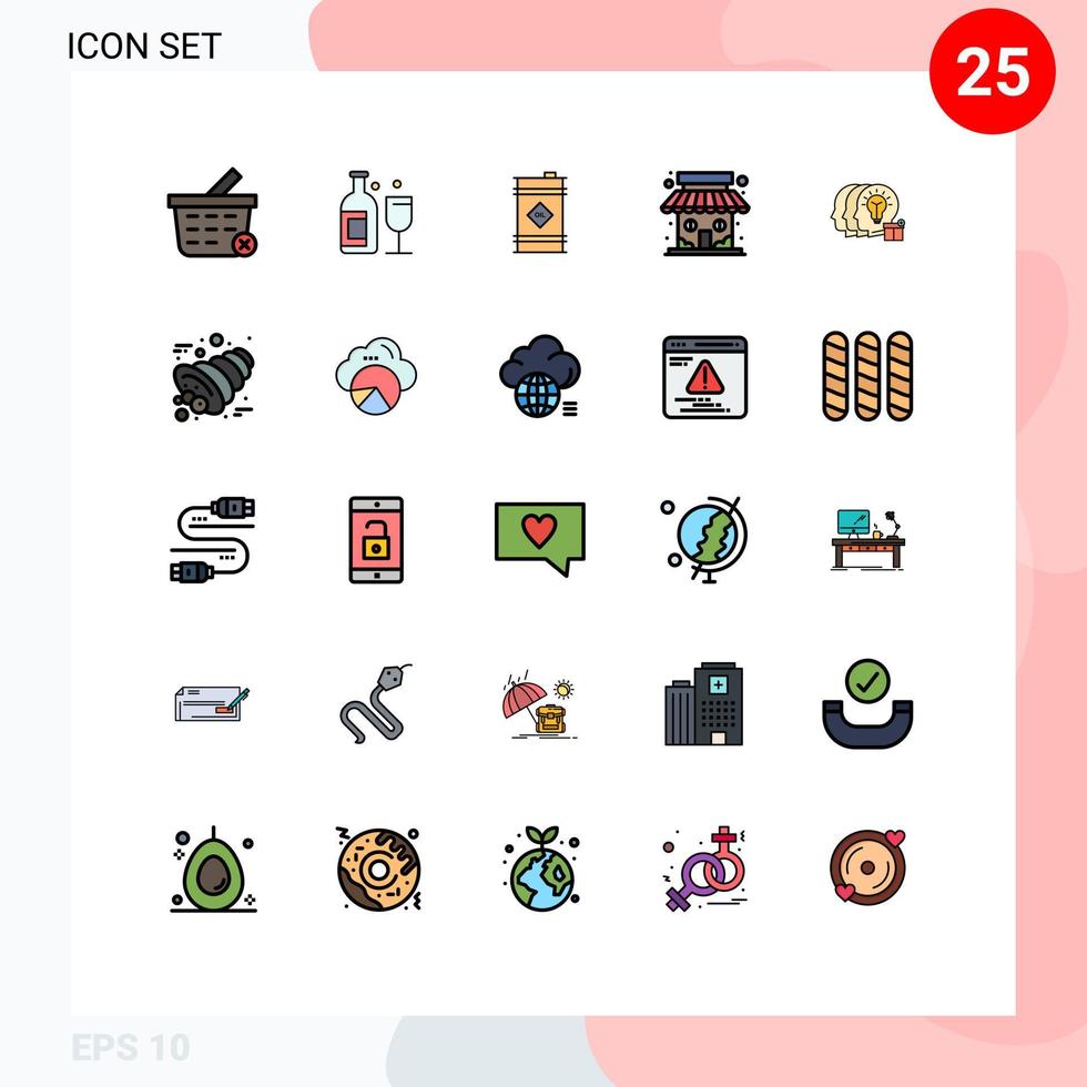 Pack of 25 creative Filled line Flat Colors of transfer idea oil store market store Editable Vector Design Elements