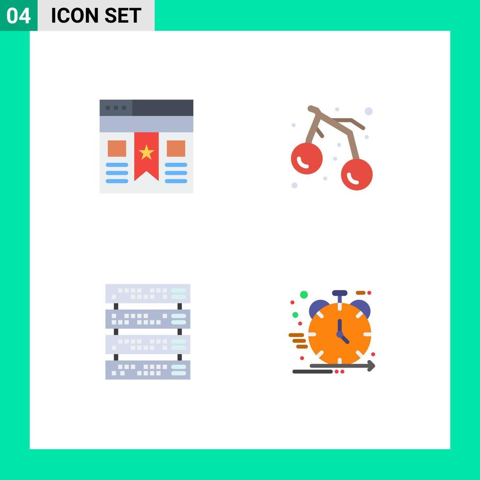 conjunto moderno de 4 iconos y símbolos planos, como elementos de diseño de vectores editables del servidor de frutas del sitio web del estante de marcadores