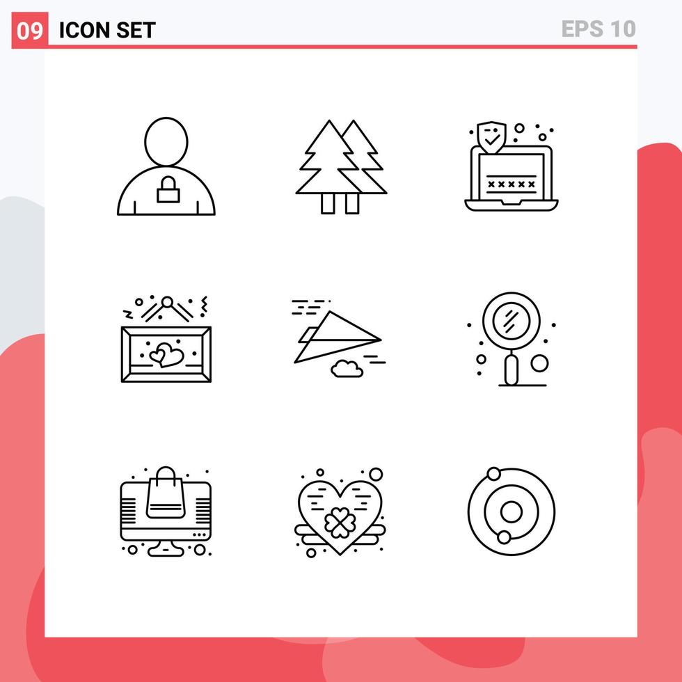 Pack of 9 Modern Outlines Signs and Symbols for Web Print Media such as romantic heart green hanging laptop Editable Vector Design Elements