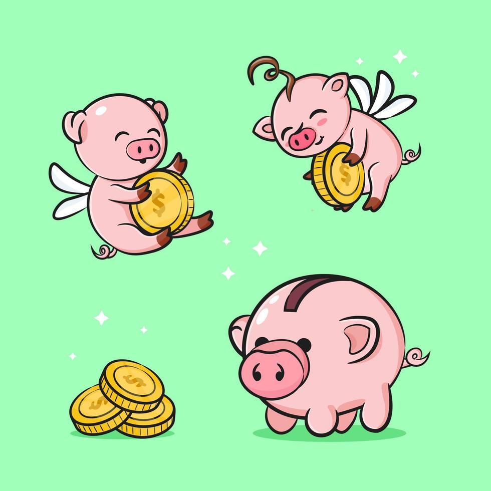 lindo cerdo, caja de dinero, dinero y pila de monedas, ahorrando dinero, icono de negocios aislado en fondo verde vector