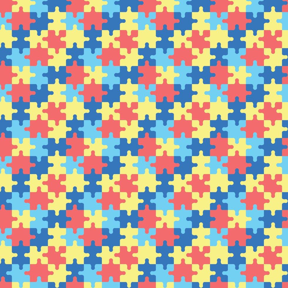 Colorful autism pattern with puzzles pieces. Seamless background with yellow, blue and red puzzles. World Autism Awareness Day April 2. Vector illustration