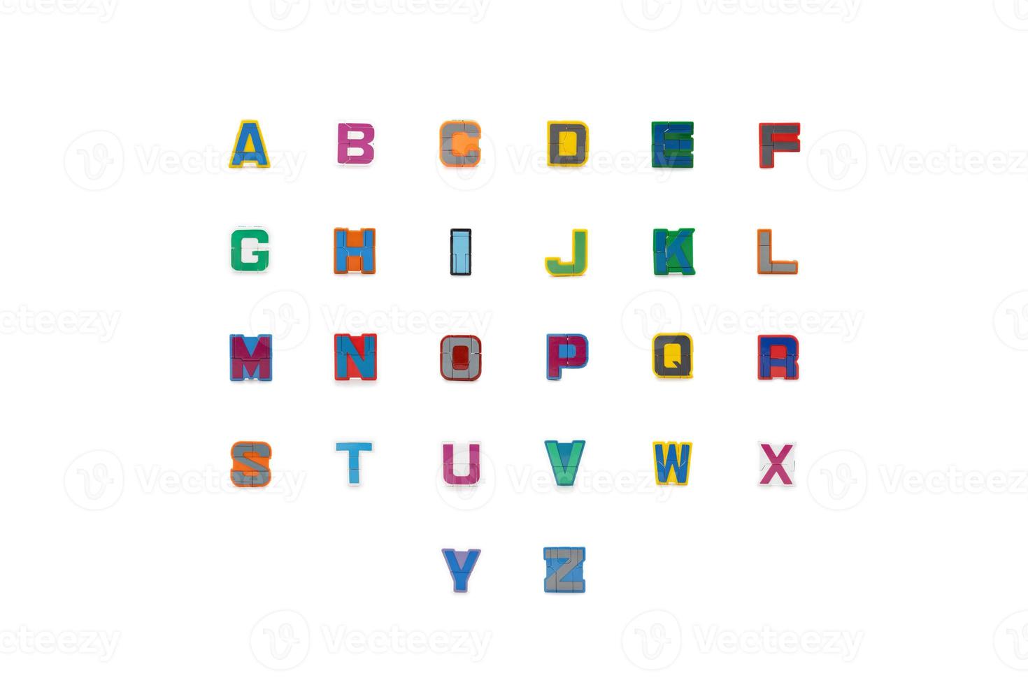 Set of isolated plastic toy all uppercase a-z capital letter are arranged in studio light on white background photo