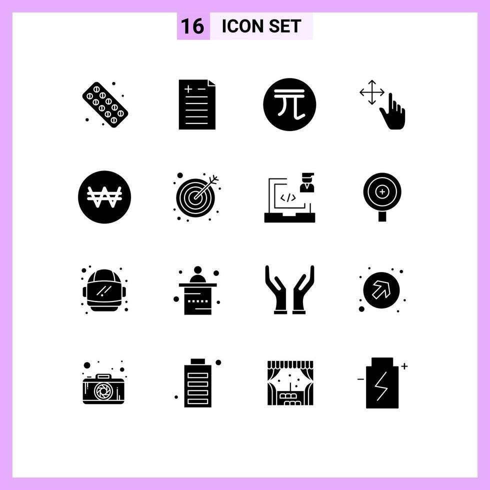 16 User Interface Solid Glyph Pack of modern Signs and Symbols of money won currency hold finger Editable Vector Design Elements