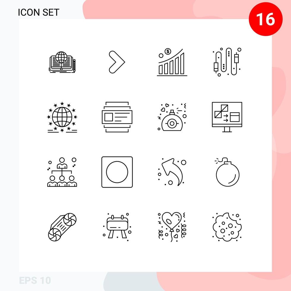 Modern Set of 16 Outlines and symbols such as electric computer direction cable statistic Editable Vector Design Elements