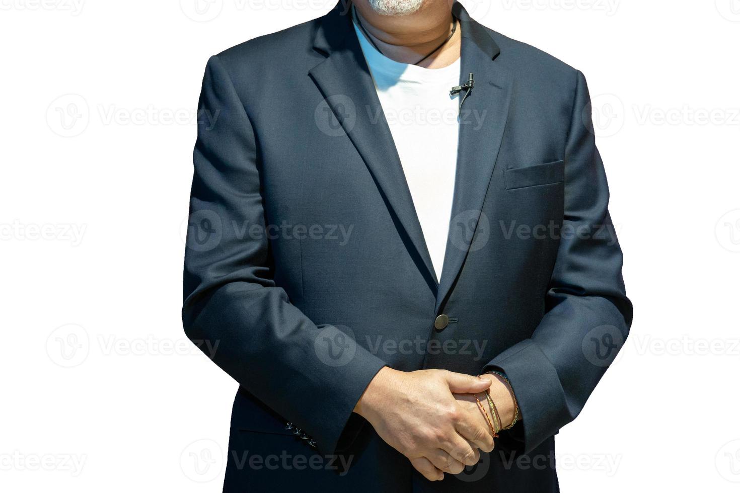 Close up to the body of smart caucasian big guy, a confident business man in front of white background. Clipping Paths. photo