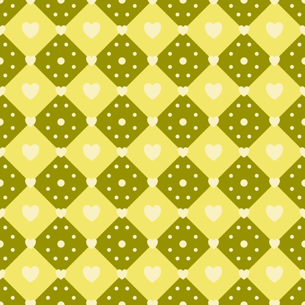 Yellow heart with dot on green geometric square background vector seamless pattern, element for decorate valentine card, flannel tartan plain fabric textile printing, wallpaper and paper wrapping