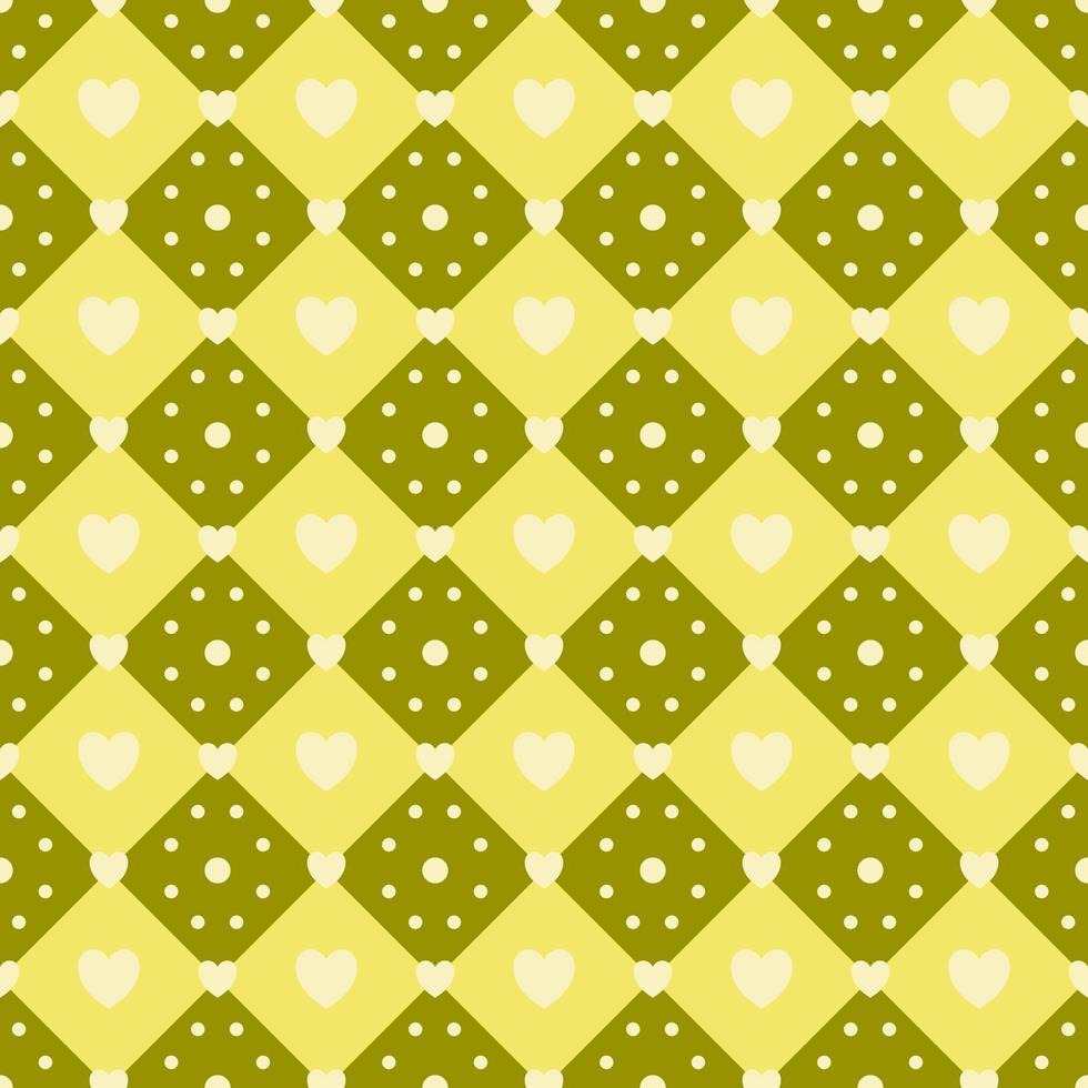 Yellow heart with dot on green geometric square background vector seamless pattern, element for decorate valentine card, flannel tartan plain fabric textile printing, wallpaper and paper wrapping