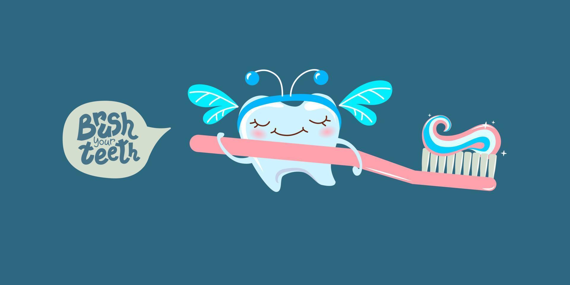 The tooth fairy in the form of a tooth holds a toothbrush with toothpaste. Inscription - brush your teeth. vector