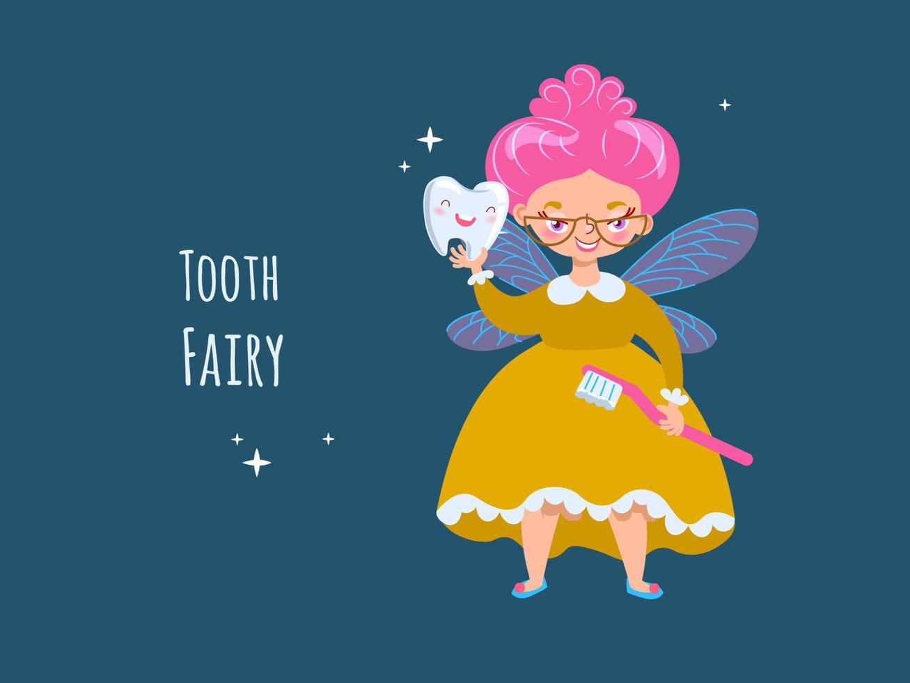 Cute tooth fairy with baby tooth, fairy in glasses with green hair, cartoon character in pink dress with wings vector illustration