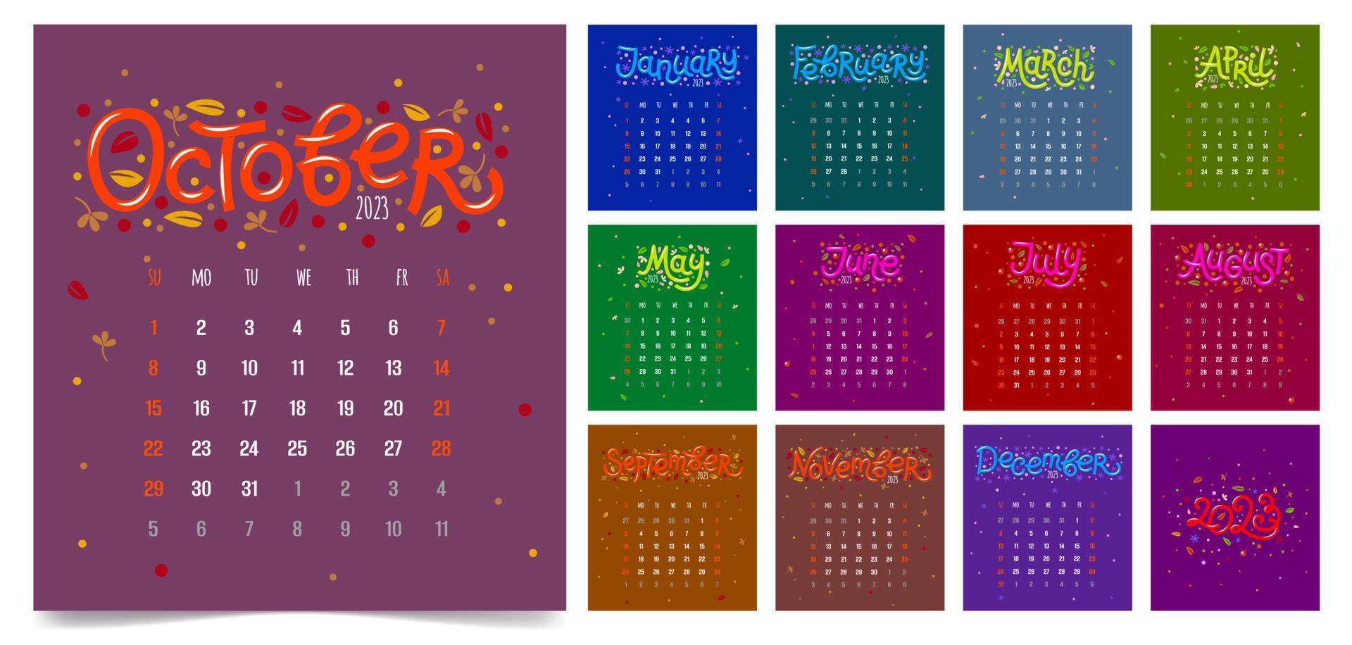 2023 calendar planner. Covers and pages for 12 months. The week starts on Sunday. vector