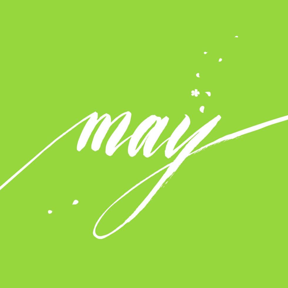 Brush lettering - May word. May conceptual text with flying petals, flowers. May handwritten text vector illustration for poster, card, banner, design template. Spring month.