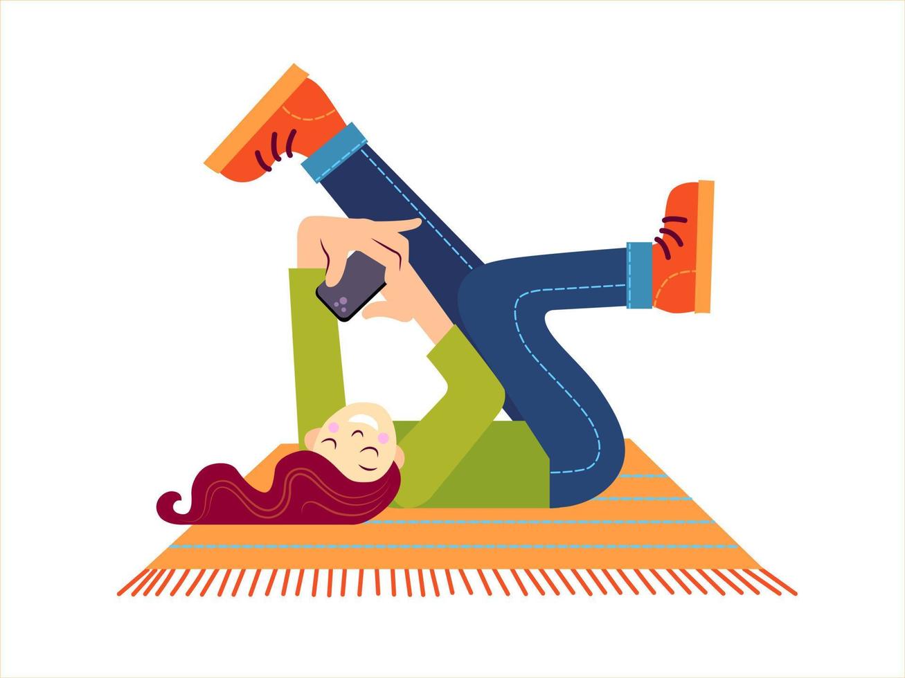 the girl lies on the carpet and takes pictures of herself on a mobile phone vector