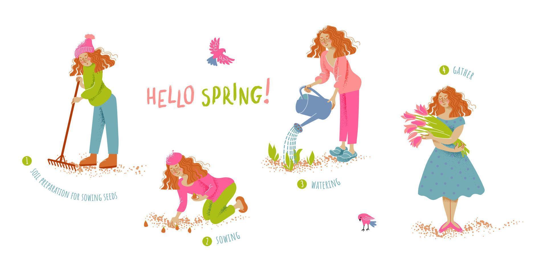 Spring gardening theme. A cute girl prepares the soil with a rake, plants tulip bulbs, waters the sprouts with a watering can and collects a bouquet. vector