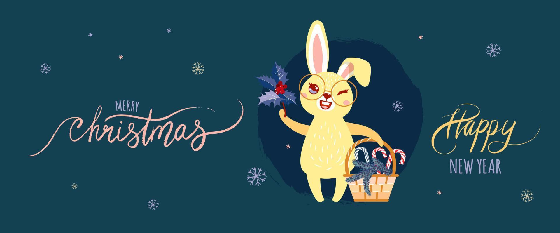 Cute hare in glasses with a basket. Lettering - Merry Christmas and Happy New Year. vector