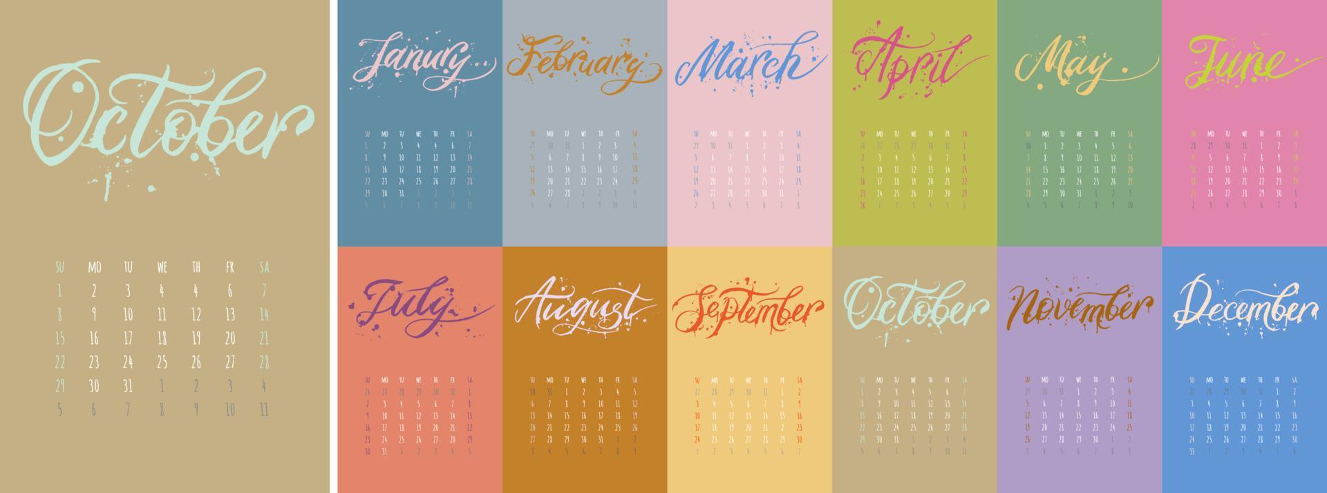 calendario 2023, nombres de meses escritos a mano diciembre, enero, febrero, marzo, abril, mayo, junio, julio, agosto, septiembre, octubre, noviembre con gotas de pintura, la semana comienza el domingo vector