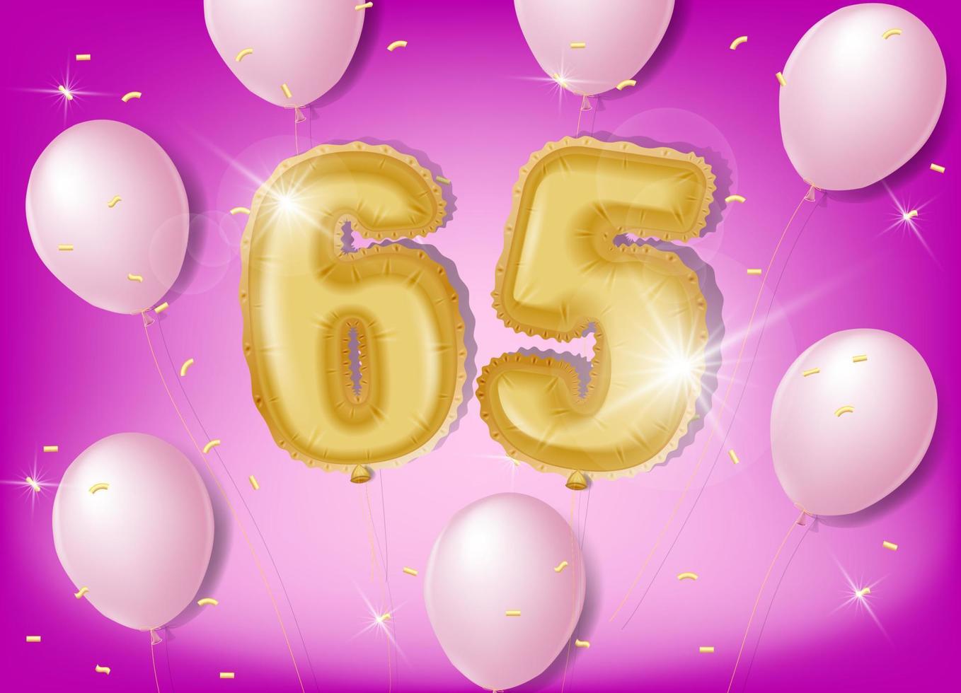 celebrando 65 años con globos dorados y rosas y confetti brillante sobre un fondo rosa. diseño vectorial para celebraciones, tarjetas de invitación y tarjetas de felicitación vector