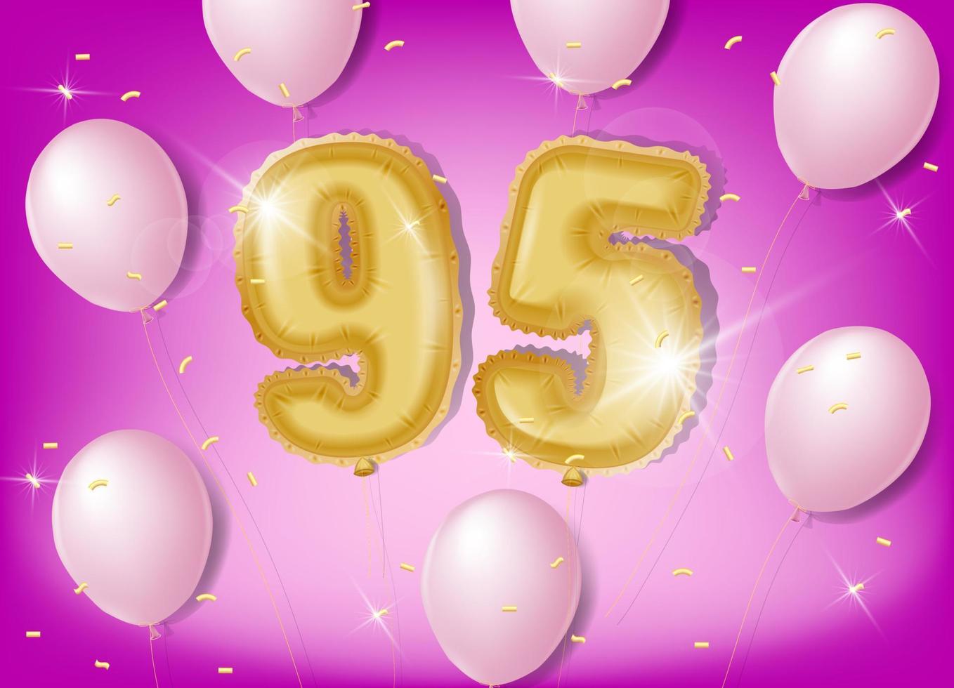 Celebrating 95 years with gold and pink balloons and glitter confetti on a pink background. Vector design for celebrations, invitation cards and greeting cards