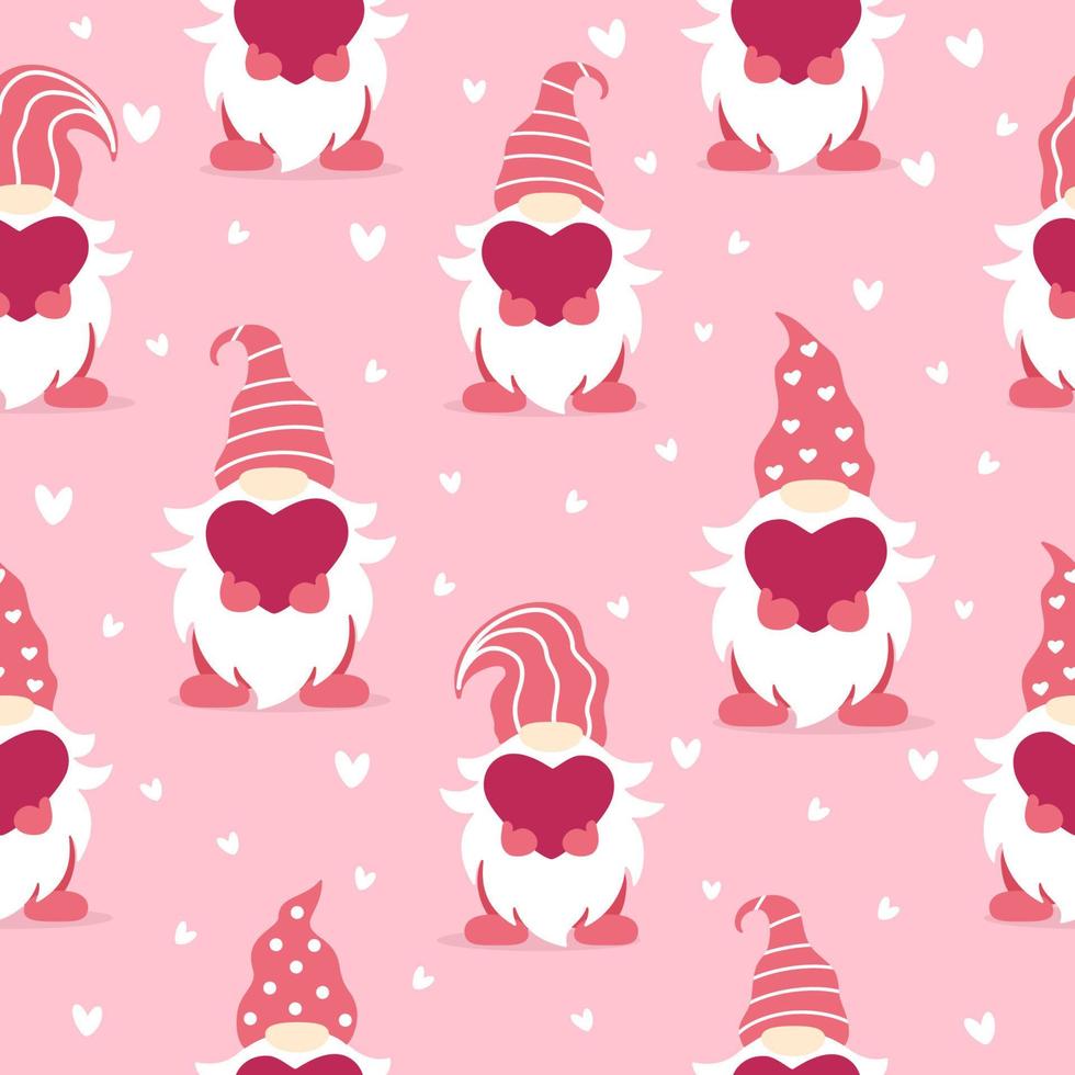 Seamless pattern with gnomes. Valentine's day design. Vector illustration isolated on pink background.