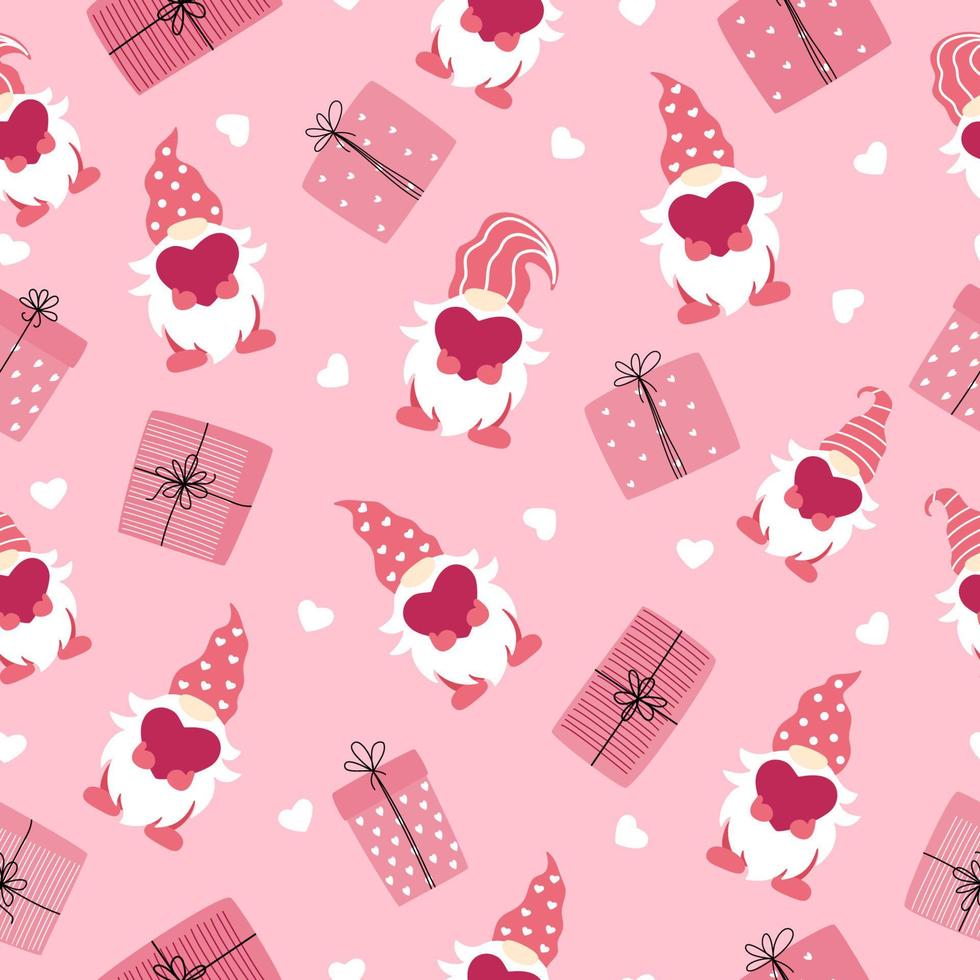 Seamless pattern with gnomes, gifts and hearts. Valentine's day design. Vector illustration isolated on pink background.