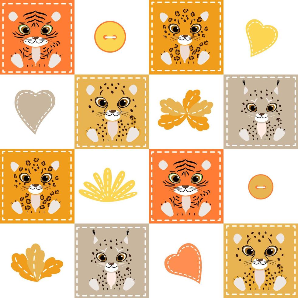 Patchwork with lion, tiger, leopard, cheetah, lynx. Vector illustration of baby seamless pattern