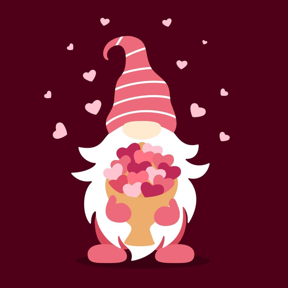 Vector illustration of cute gnome in love with bouquet of hearts. Valentines day design.