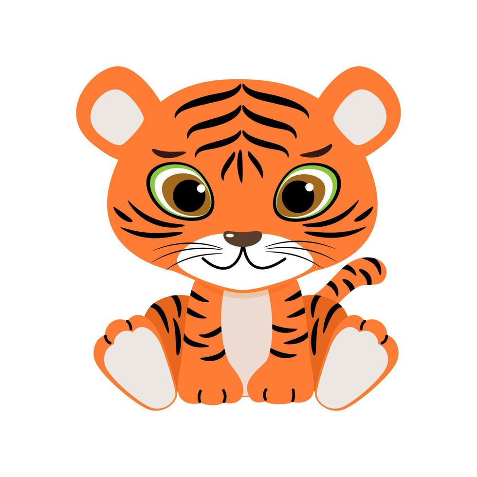 Cute tiger baby on white background. Vector illustration of wild animal in childish cartoon flat style.