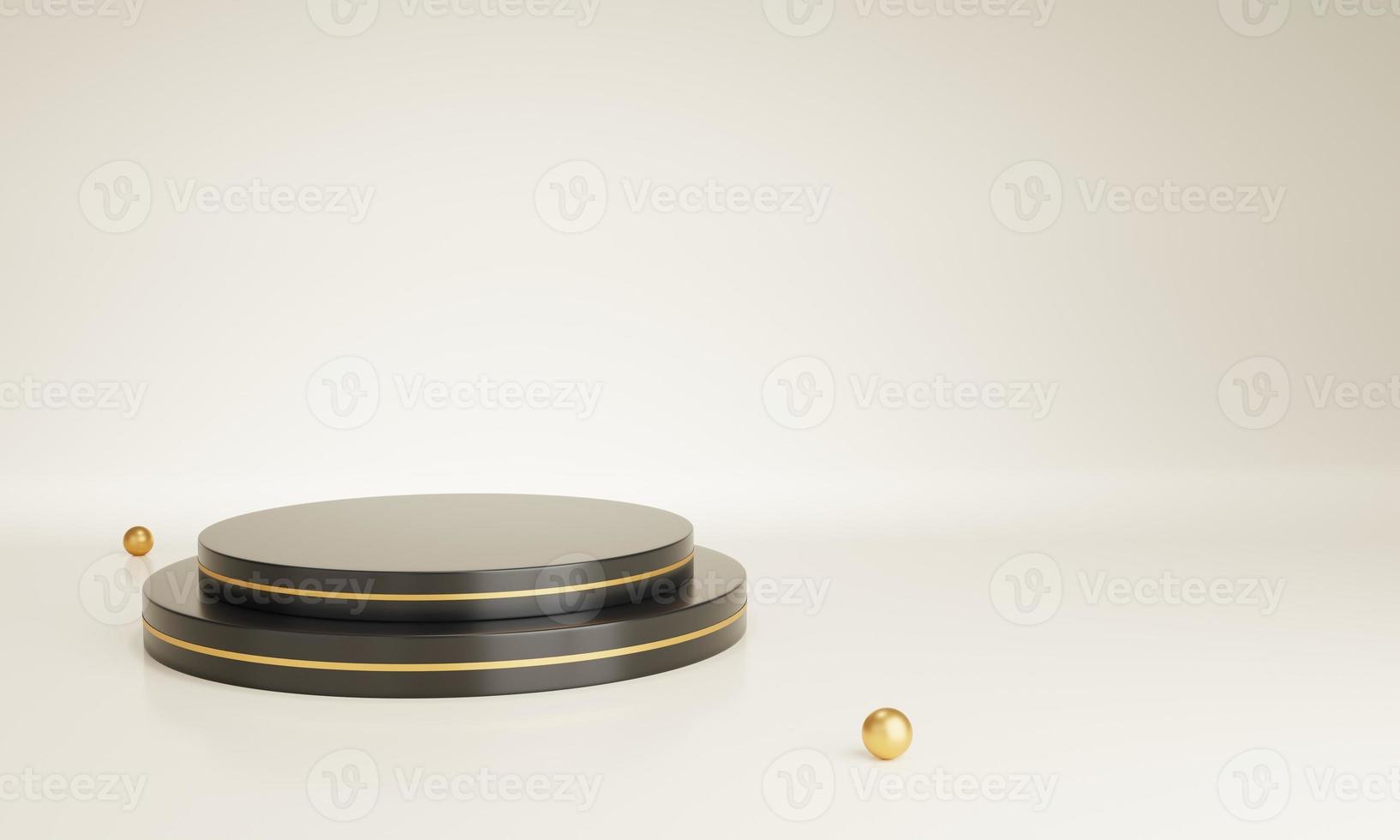 Podium shaped black gold luxury background with gold ball for promoting sales and marketing 3d render photo