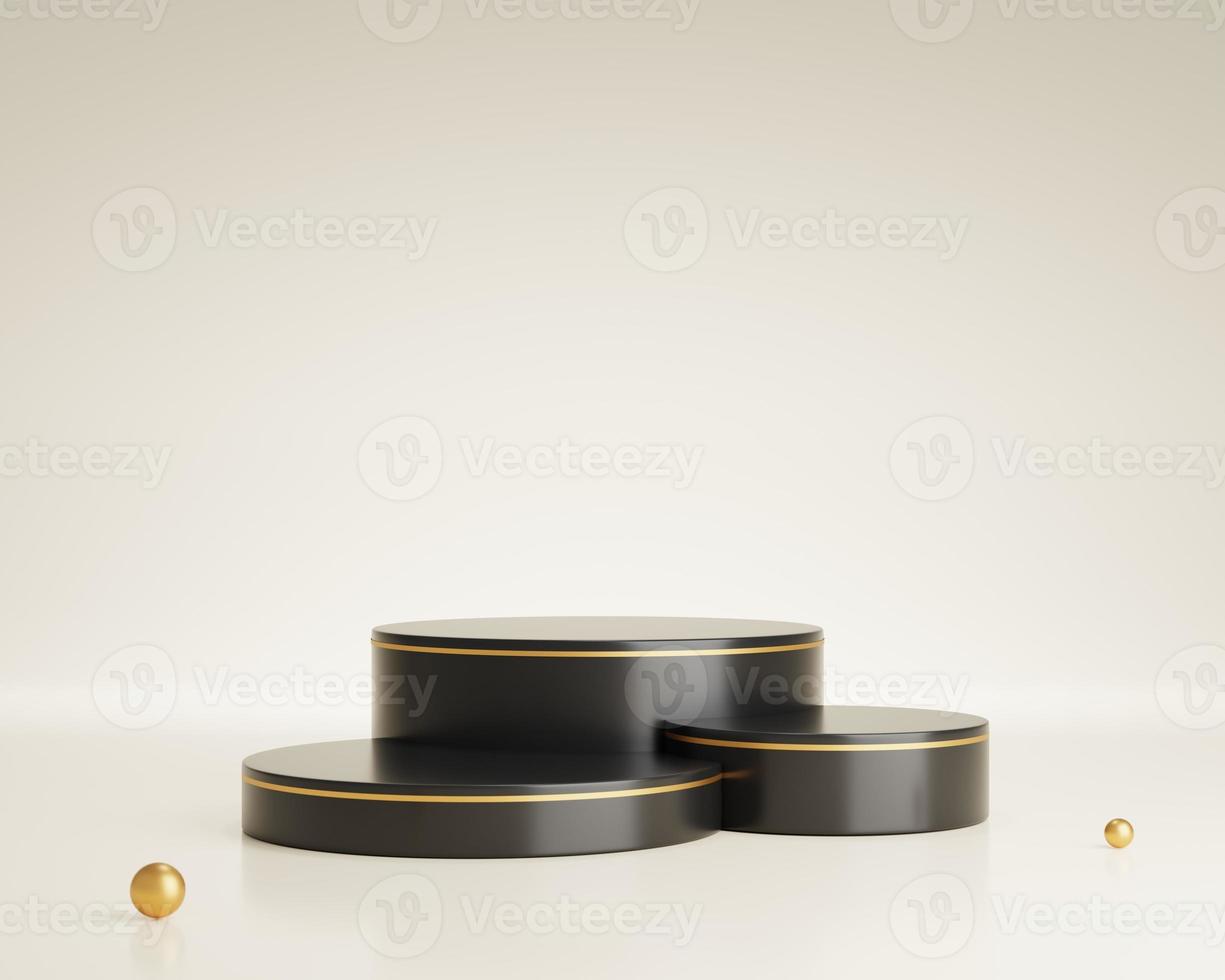 Podium shaped three stages black gold luxury background with gold ball for promoting sales and marketing 3d render photo