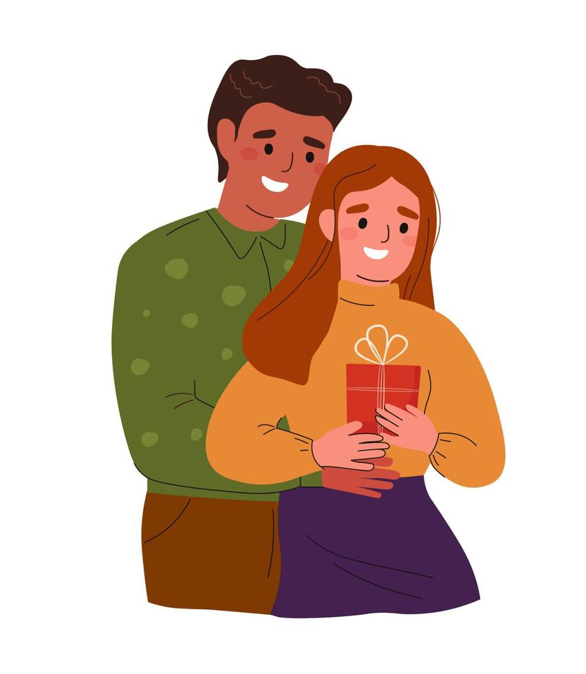 The happy couple hugs. The guy gave a gift to the girl. Congratulations on the holiday, Valentine's Day. Vector graphics.