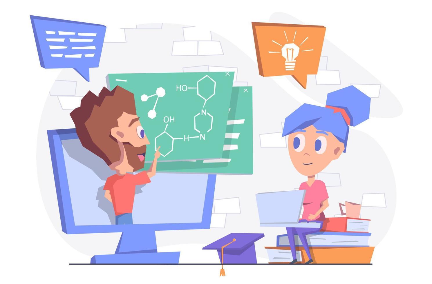 Online education. A girl watches online courses. On the screen, a teacher is teaching online. vector