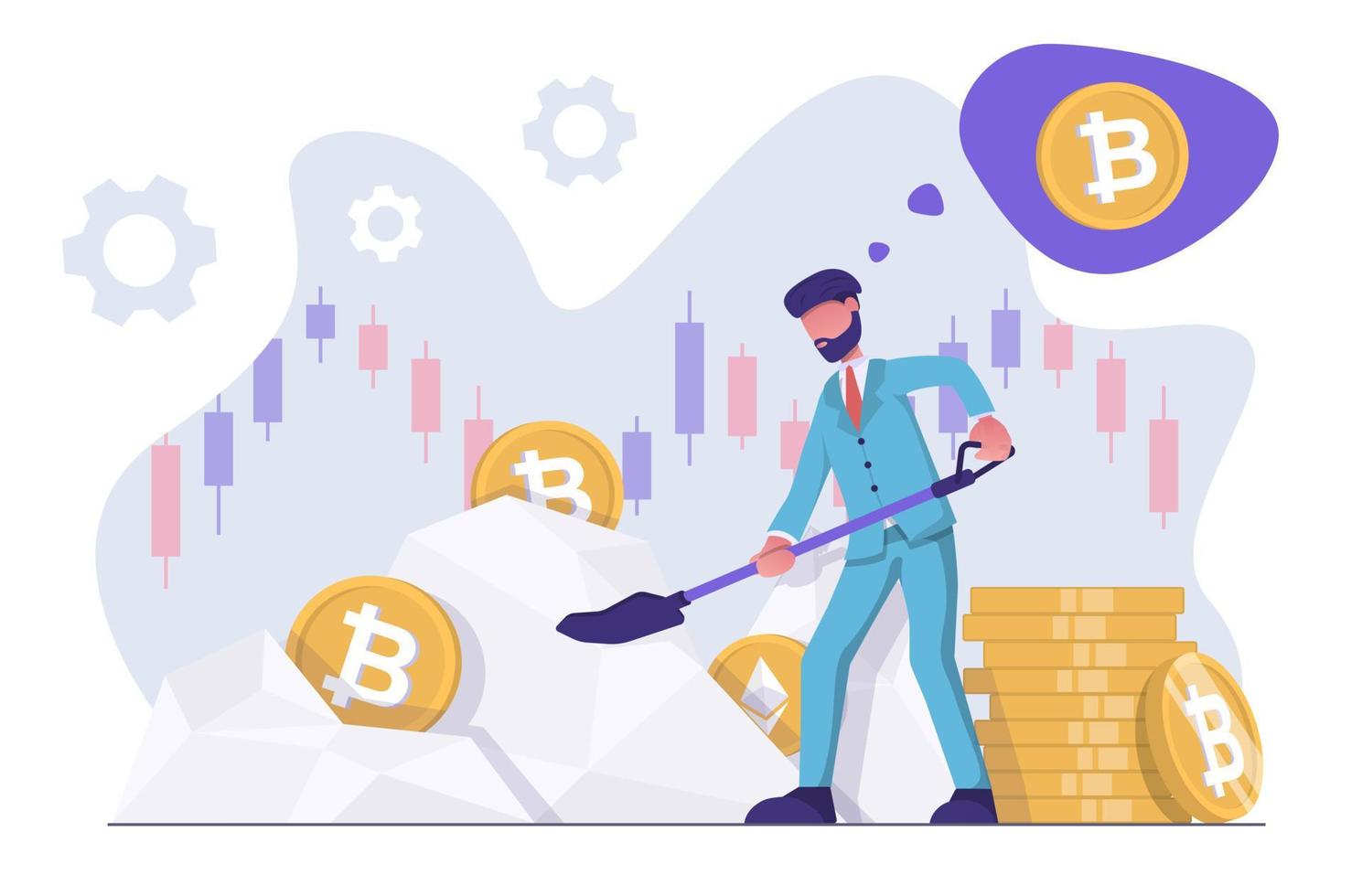 Cryptocurrency mining. A businessman with a shovel mines cryptocurrency. vector