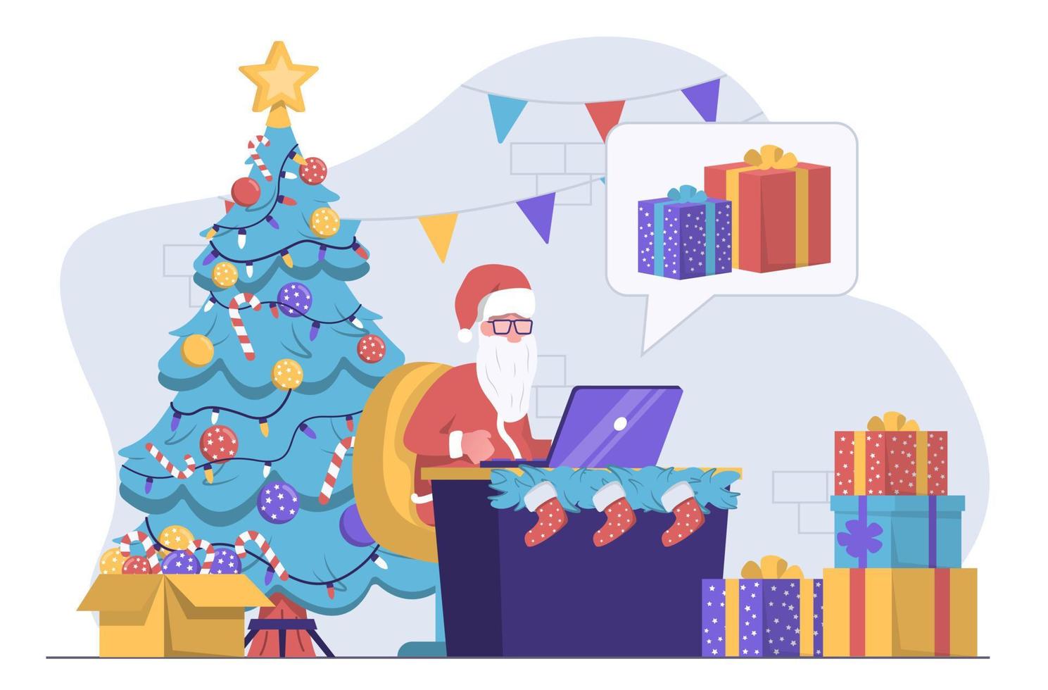 Santa Claus with a laptop reading letters, next to a Christmas tree and presents vector