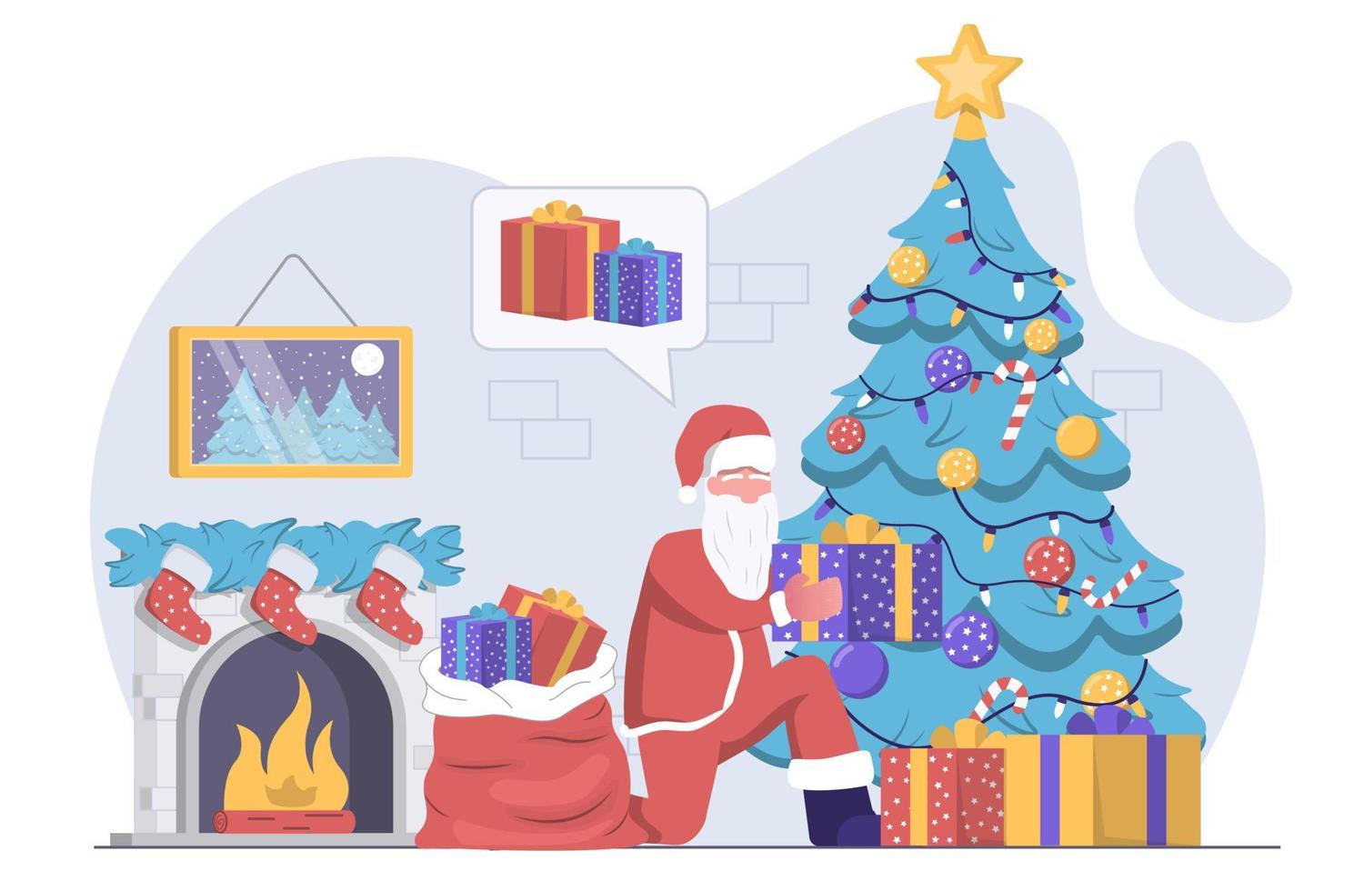 santa claus trajo regalos en una bolsa y los puso debajo del árbol de navidad, con la chimenea al fondo vector