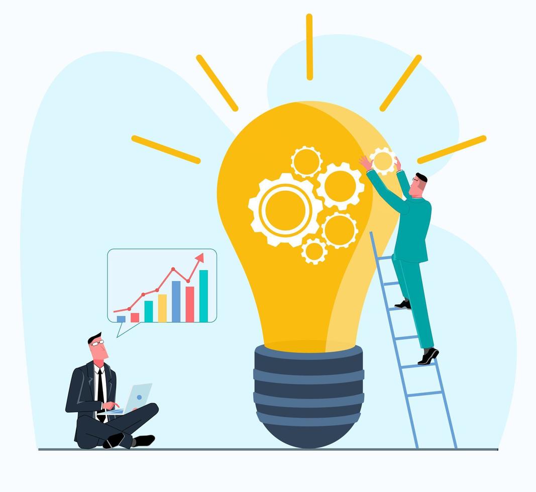 a team of businessmen create a new idea, a man assembles a light bulb from springs, his colleague sits with a laptop and analyzes a growth chart flat vector illustration